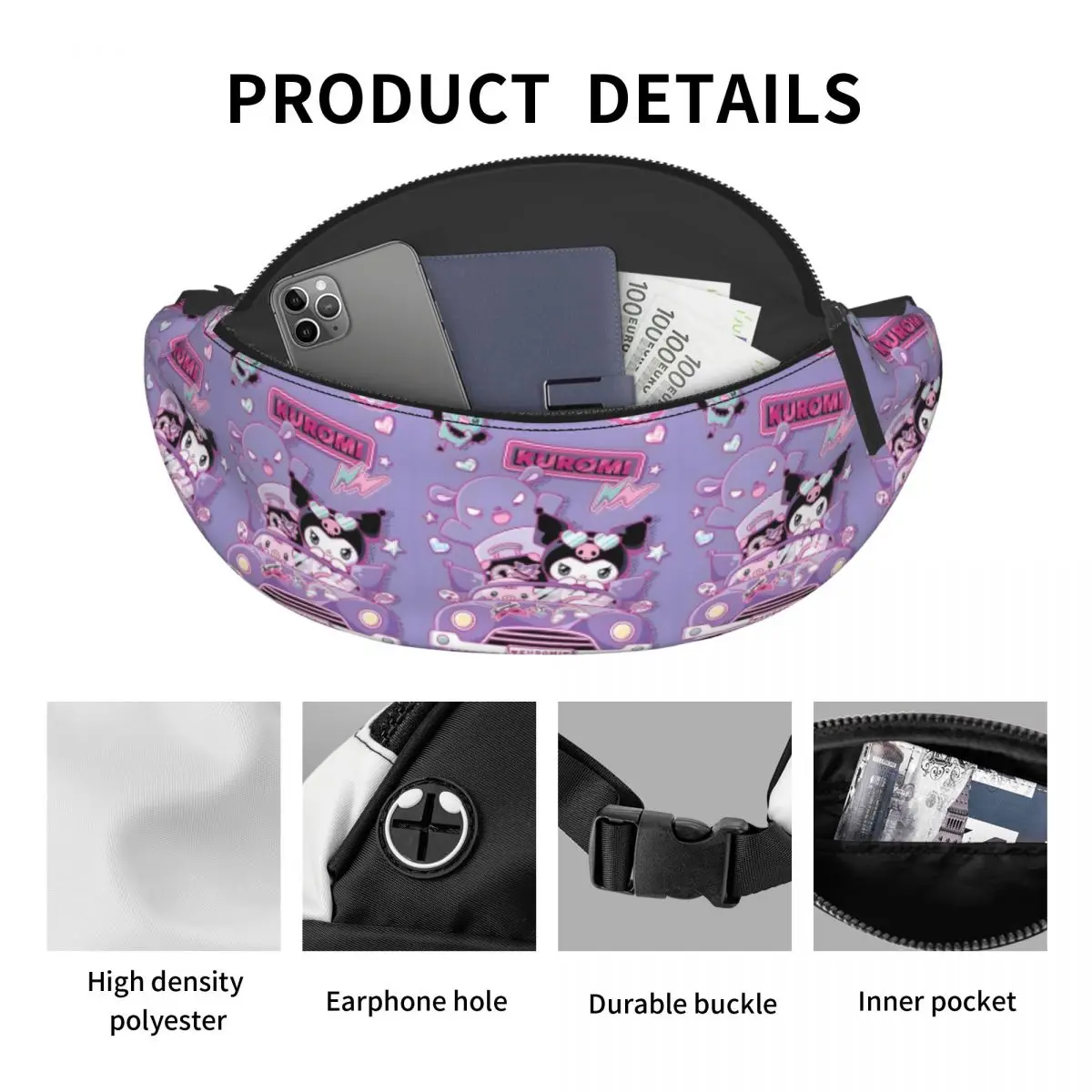 Cute Anime Crossbody Waist Pack para homens e mulheres, Custom Kuromi Wallpaper Fanny Bag, Phone Money Pouch, Ciclismo, Camping