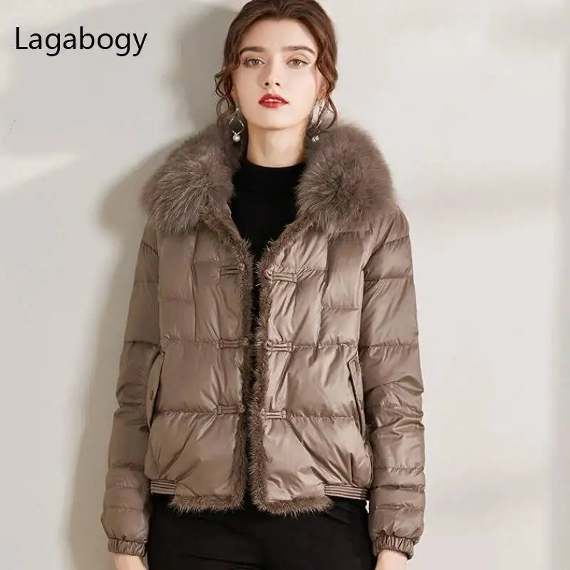 Lagabogy 2025 Vera Pelliccia di Volpe Collo di Inverno Delle Donne 90% Piumino D'anatra Bianca Della Signora Breve Caldo Piumino Cappotto Femminile Allentato Vintage Parka