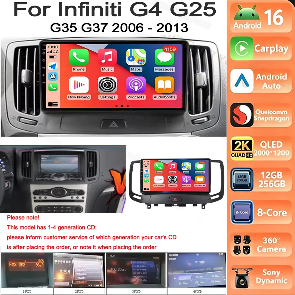 For Infiniti G4 G25 G35 G37 2006 - 2013 Android 16 Carplay Auto Screen Car Radio Multimedia Player Autoradio Stereo WIFI 4G RDS