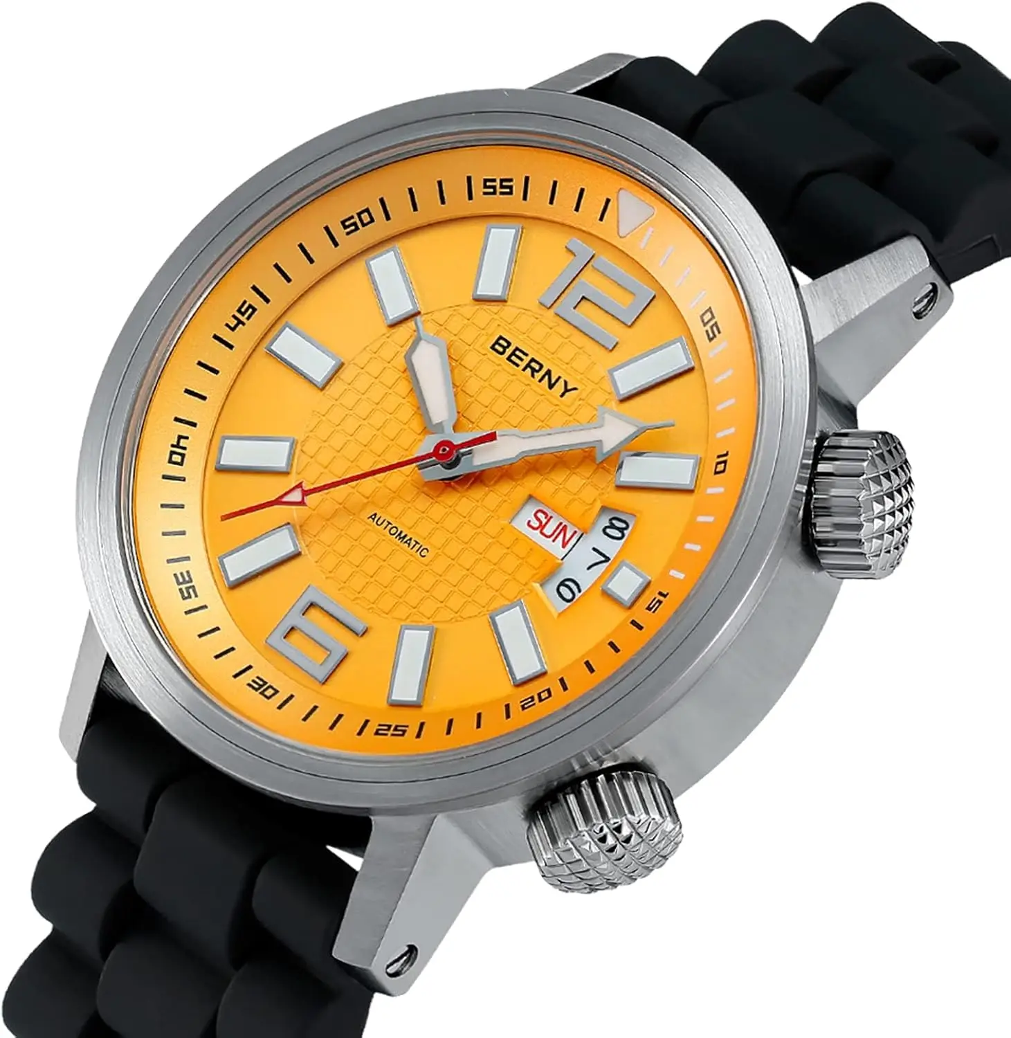 Relógio de mergulho mecânico automático para homens com corda automática, à prova d'água 20ATM, vidro safira, pulseira de silicone super luminosa