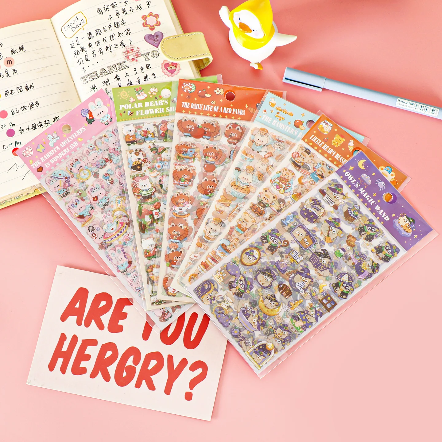 JCAC 6-Design Assortment Journal Sticker Set, Clear PVC Waterproof Stickers, Cute Girl Theme, for Thermos & DIY