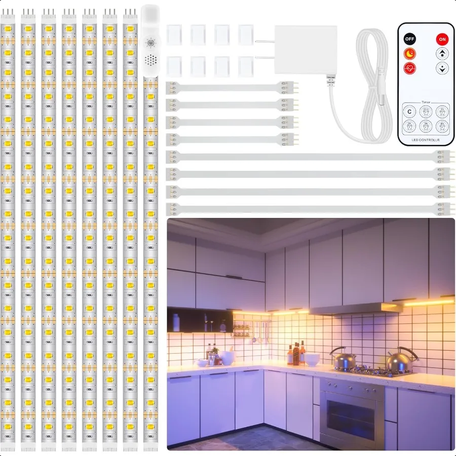 

Under Cabinet Lighting Kit 8 PCS 2700K Warm White Flexible LED Strip Lights with Remote and Power Adapter for Kitchen Cabinets