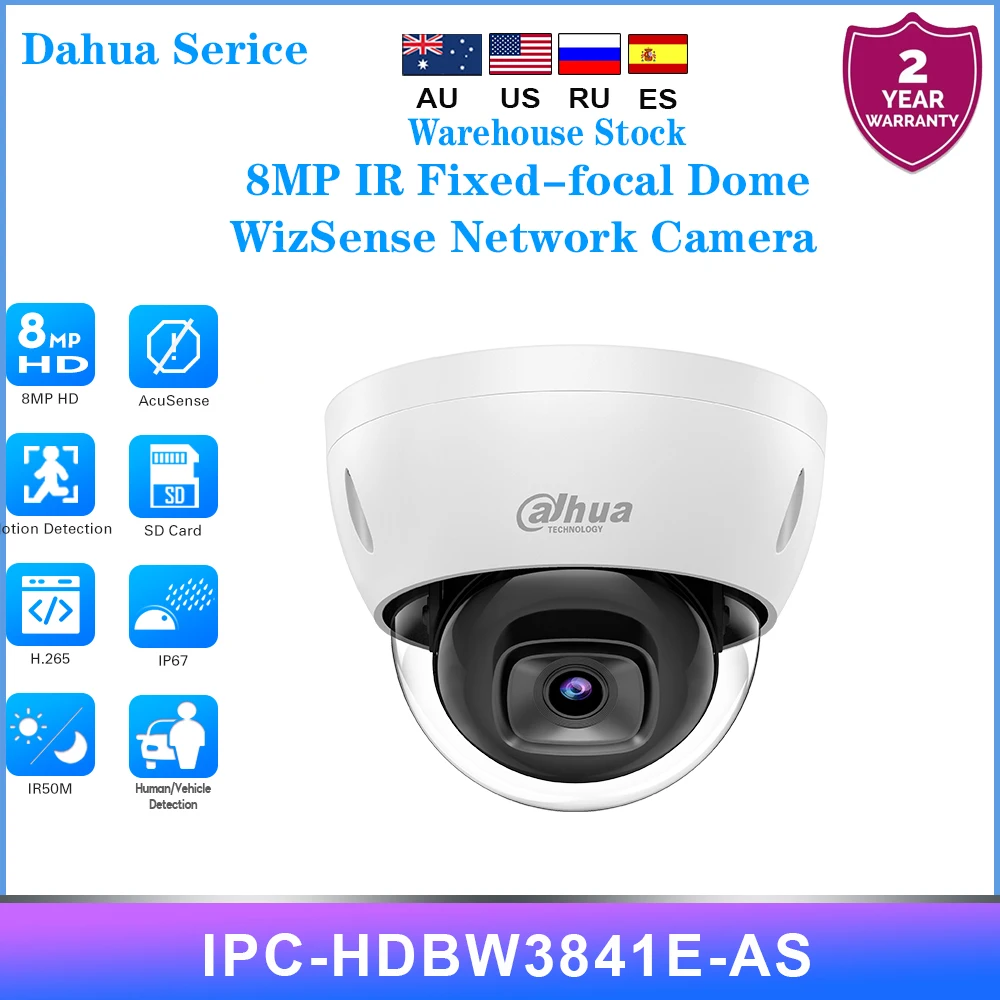 Dahua Serice IPC-HDBW3841E-AS 8MP 4K Dome WizSense Network POE IP Camera IR 30M SD Slot Built-in MIC IVS SMD 4.0 AI SSA IK10