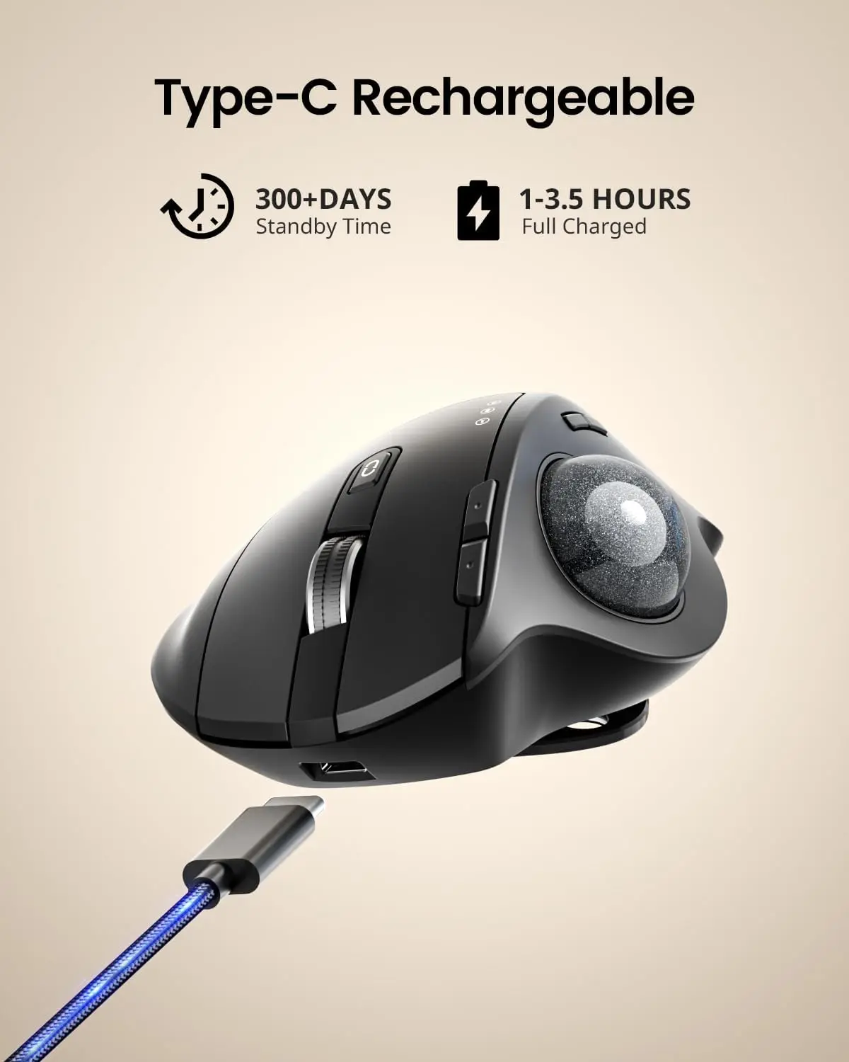 ProtoArc EM01 NL Trackball Mouse Wireless 2.4G Bluetooth Ergonomic Mouse Rechargeable Rollerball Mice for Laptop PC iPad Mac