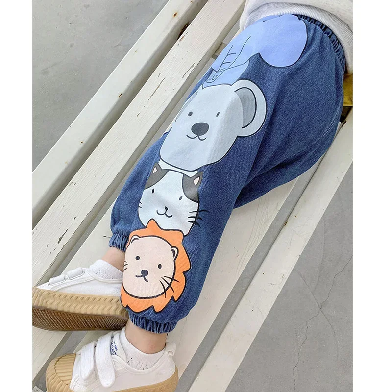 New Spring Autumn Lovely Animals Kids Jeans Elastic Waist 2-6 Years Old Boys Girls Denim Trousers Cute Children Pants