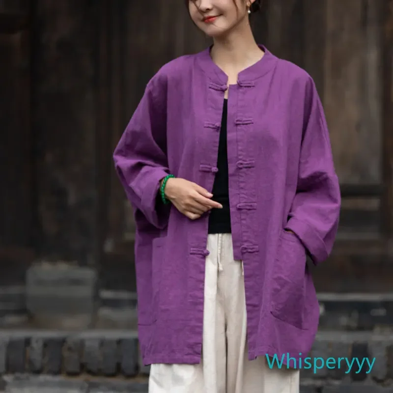 Cotton Hemp Jacket Women's Spring Summer Ramie Zen Chinese Cardigan Linen Coat Chinese Traditional Clothing Kung Fu Uniform 2023