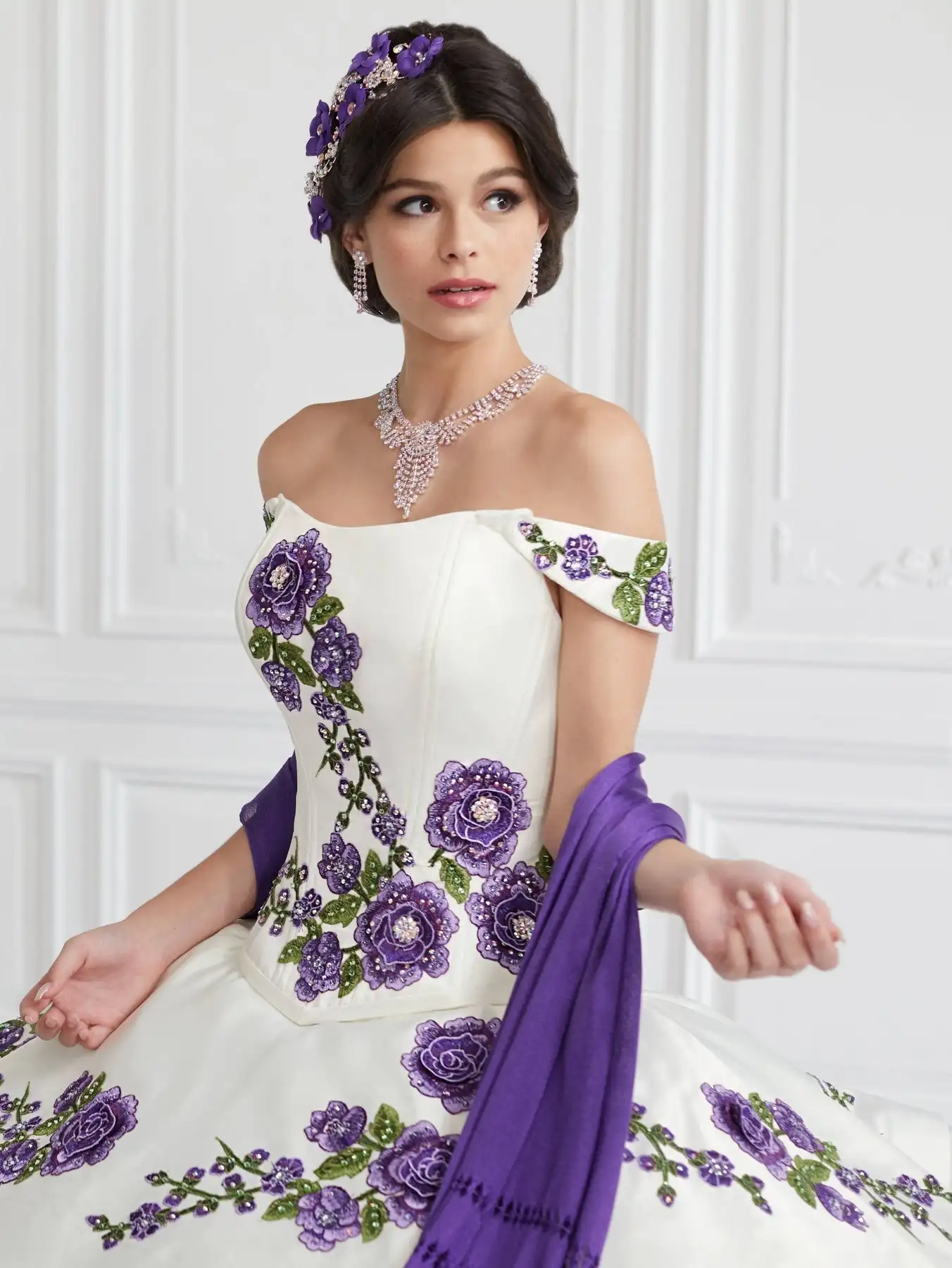 Purple Charro Quinceanera Dresses Ball Gown Off The Shoulder Ruffles Appliques Puffy Mexican Sweet 16 Dresses 15 Anos