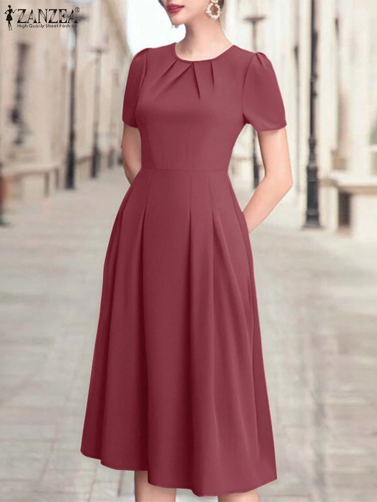 ZANZEA-Vestidos Midi plisados elegantes para mujer, moda 2021, manga corta abombada, cintura ajustada, batas lisas, Vestidos de fiesta acampanados de verano