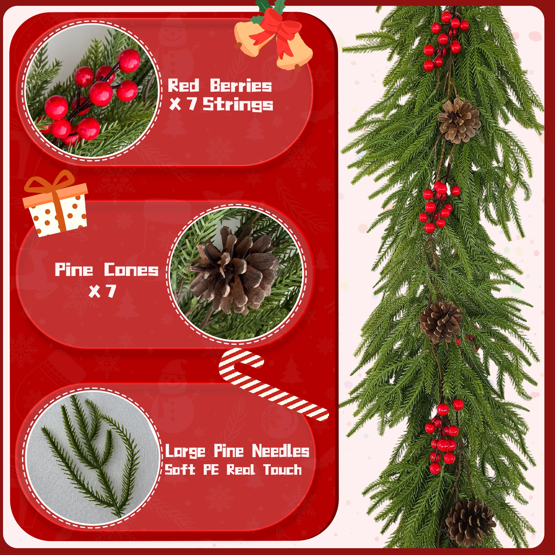 200 سنتيمتر السنة الجديدة عطلة ديكور الحفلات نورفولك الصنوبر شجرة عيد الميلاد الكرمة الأخضر الأحمر زينة عيد الميلاد باب ديكور نافذة ديكور ديكور المنزل