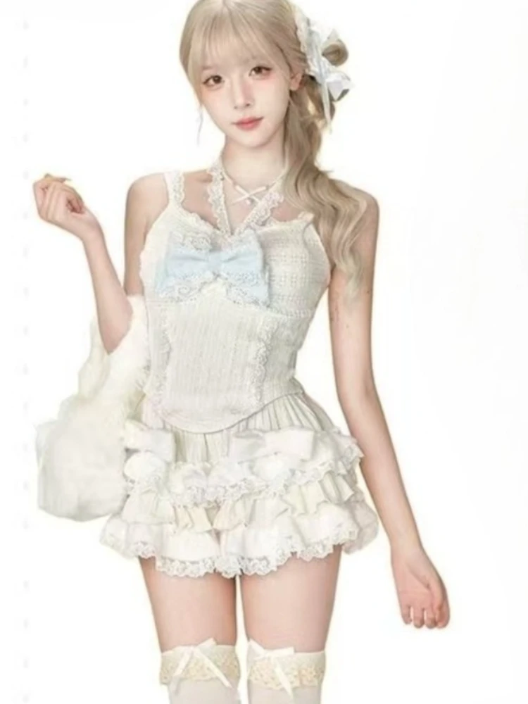 Herfst Japanse Zoete 3-delige sets Y2k Kawaii Vintage Boog kant Vrouwen Casual Y2k Caridgan Jassen + Sexy sling + Mini Rokken pak