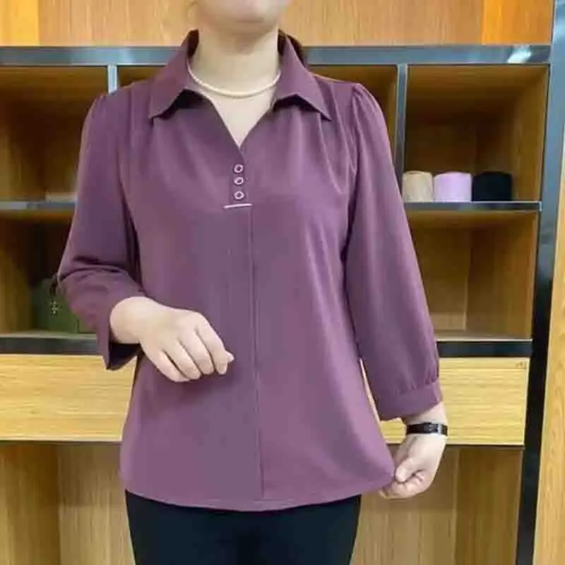 

Women New Solid Color Top Grade Fashion Middle Aged Elderly Mother's Shirt Female Summer Loose Fitting Nine Points Sleeve Blouse