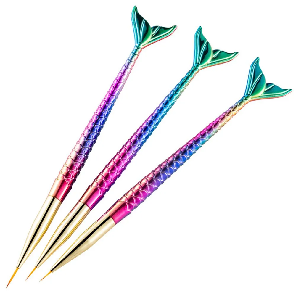 3Pcs/set Mermaid Tail Shape Mermaid Nail Painting Brush Ultra-thin Line Flower Line Grid Mermaid Nail Art Liner Pen 3D Nail Tips