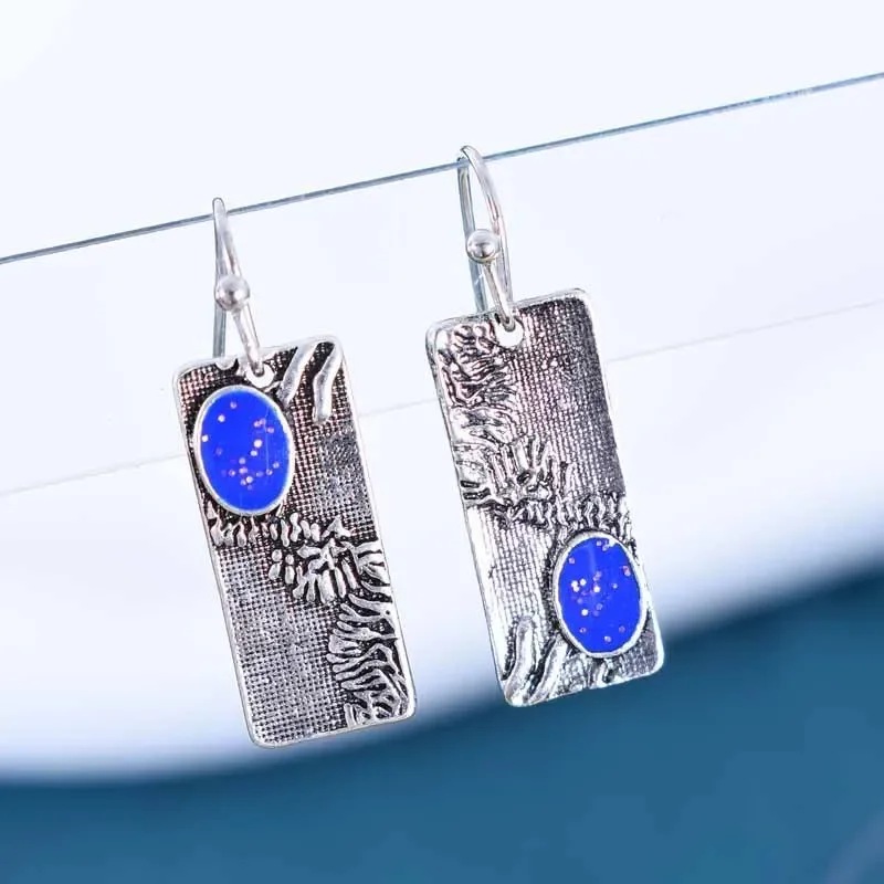 Ethnic Exquisite Fashion Sliver Square Blue Color Geometric Earrings For Women Elegant Wedding Custom Jewelry