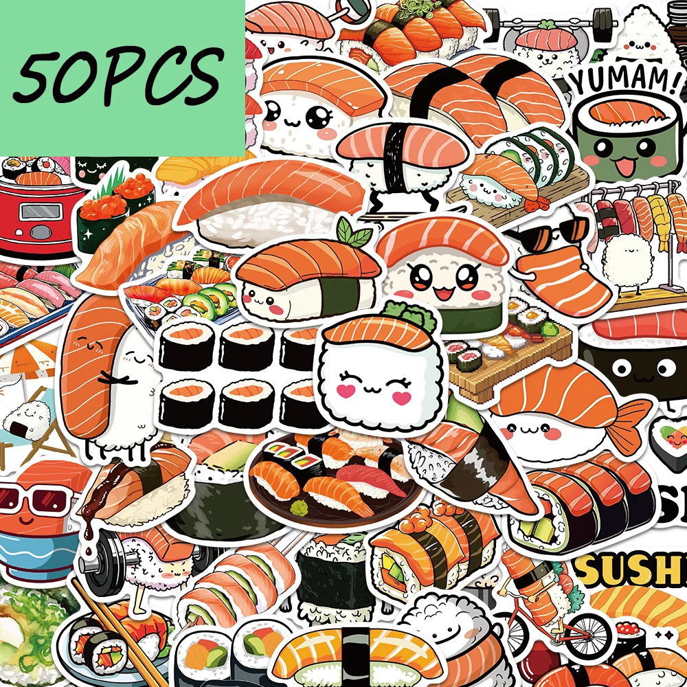50 Stück süße Cartoon-Aufkleber mit leckerem Sushi-Motiv, zum Dekorieren von Handyhüllen, Handbuch, Notizbüchern, Tassen, wasserfeste Aufkleber