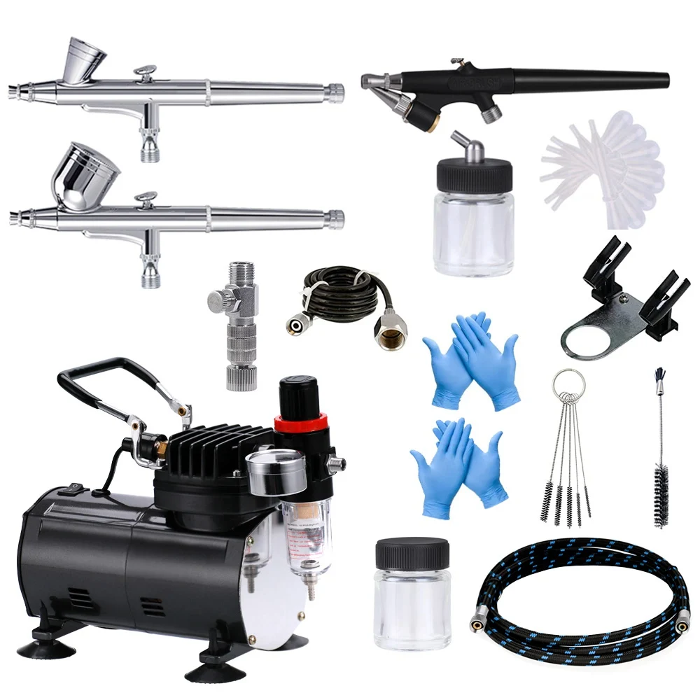 

Airbrush Kit with Compressor 3 AirBrush Guns 0.2/0.3/0.8mm for Hobby Tattoo Nail Art Paint and Airbrush Accessories Cleaning Kit