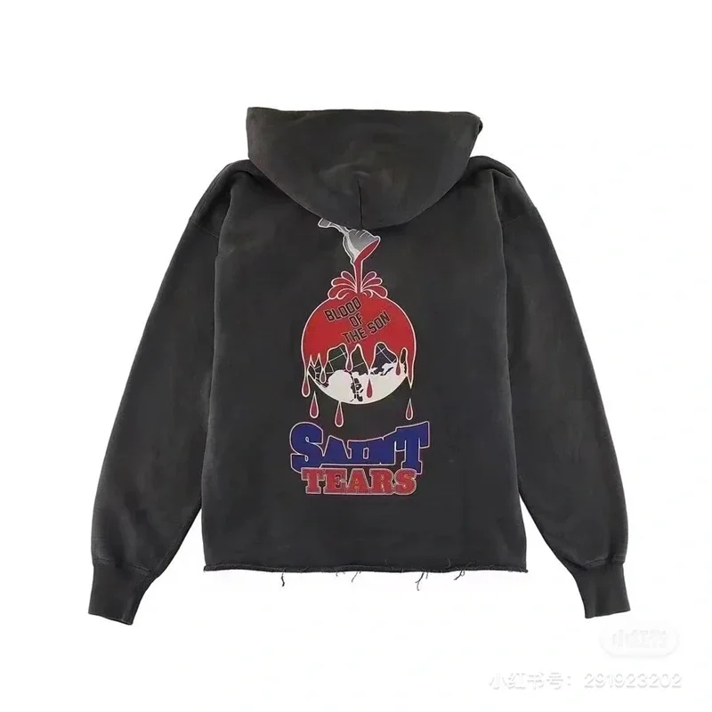 Washed Black Saint Hoodie Men Women Pullover Graffiti Damaged Hooded