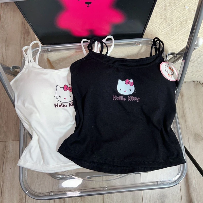 Sanrio Hello Kitty Kawaii Original Double Strap Vest Women Removable Bra Pads Sexy Spice Girls Hundred Sling Fake Two Piece Tops