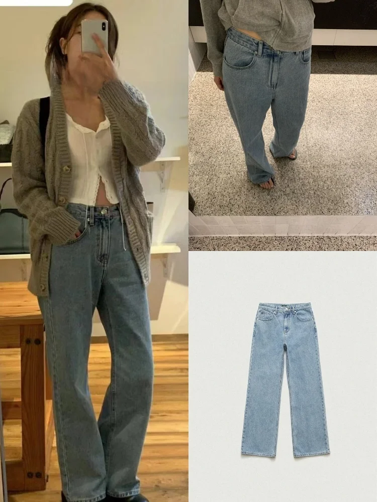 

High Waist Straight Leg High Waist Pure Color Denim Jeans Autumn 2024 Vintage Loose Fit Th*Bar*net Sle Ladies Jeans