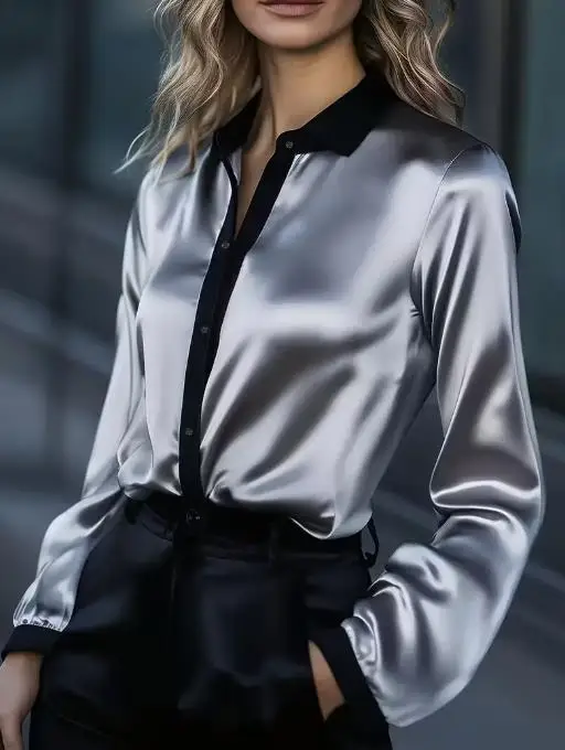 

Silk Women's Shirt Spring and Summer New Fashionable Color Blocked Collar Border Design Button Front Blouse Suitable for Work