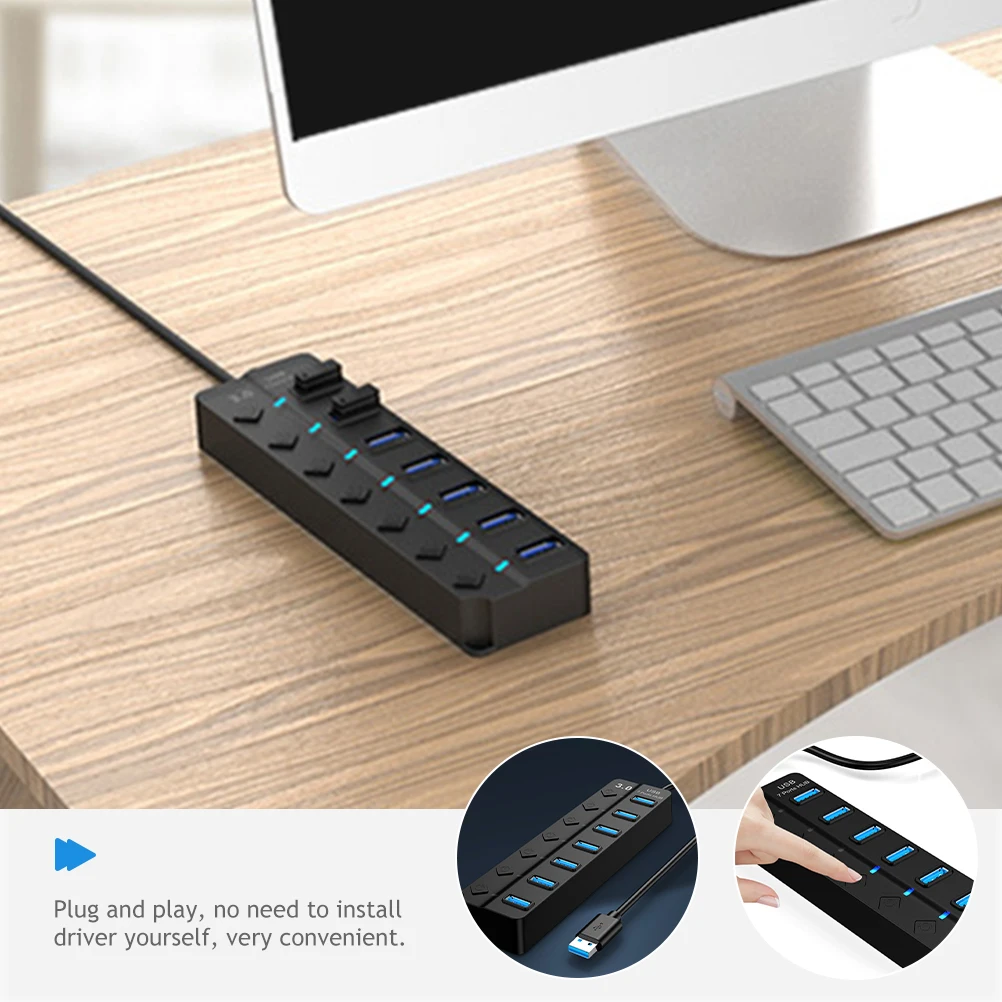 

7 портов USB 3.0 Hub Утолщенный медный сердечник 5 Гбит/с Высокоскоростной светодиодный индикатор Резервный источник питания Plug Play Адаптер с несколькими портами USB