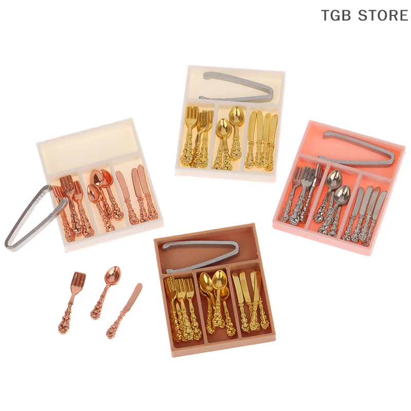 1Set 1:12 Mini Gabel Messer Clips Löffel Geschirr Mit Lagerung Box Puppenhaus Dekor Zubehör