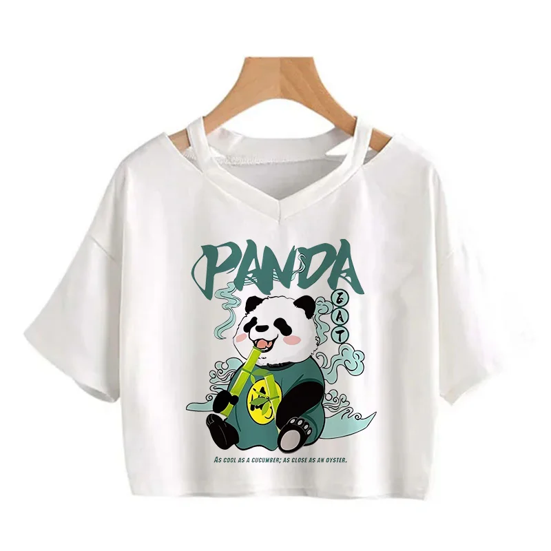 Kawaii Crop Tops for Girls Cute Korean Style T-shirt Women Panda Milk Tea Graphic T Shirt Cartoon Harajuku Y2k Tee Tshirt Female