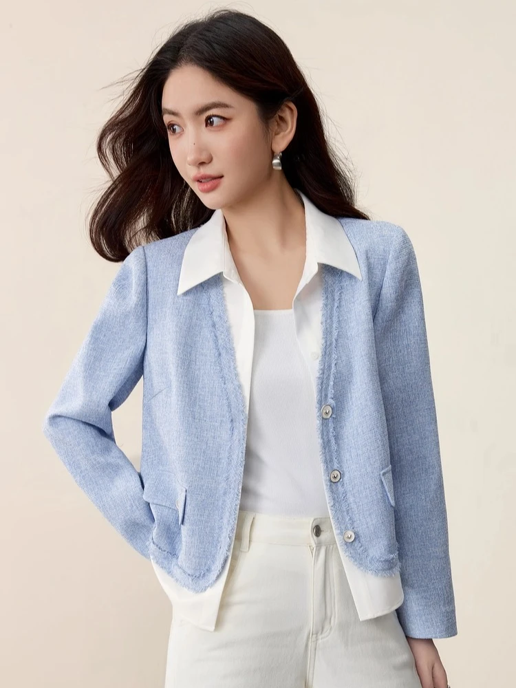 SENTUBILA Women's Short Coat Color-Block Paneled Mock-Two-Piece Coat 2025 Autumn Elegant Long-sleeve Fringed Jackets 153WA2087