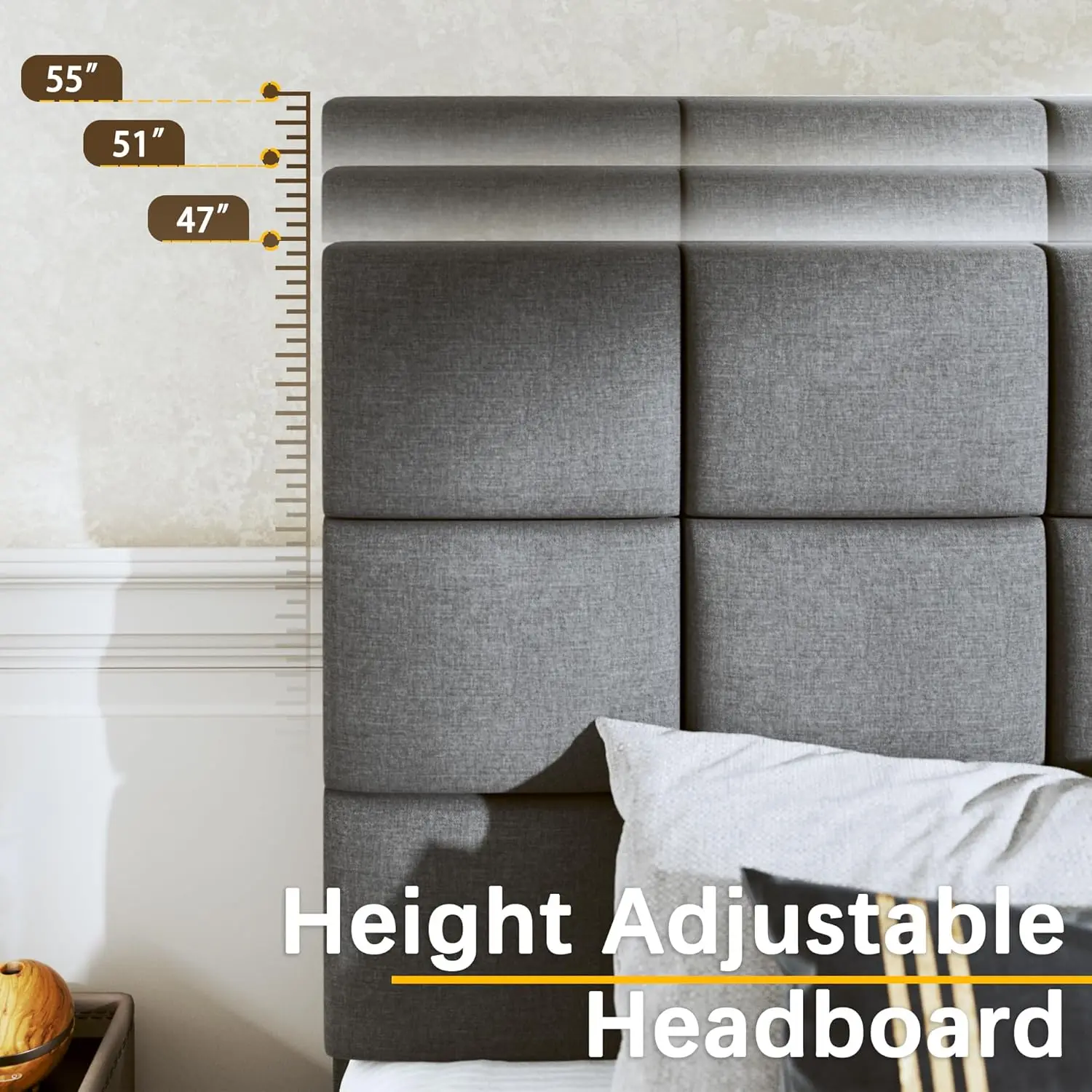 Frame Upholstered Platform w/Adjustable Headboard Linen Fabric Tufted Wooden Slats Support, No Box Spring Needed, Easy Assembly image 4