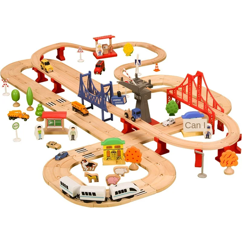 Road Train Set Wooden Track Accessories Toy Double Layer Compatible Electric Car Wood Track Kids Game Toy PD12