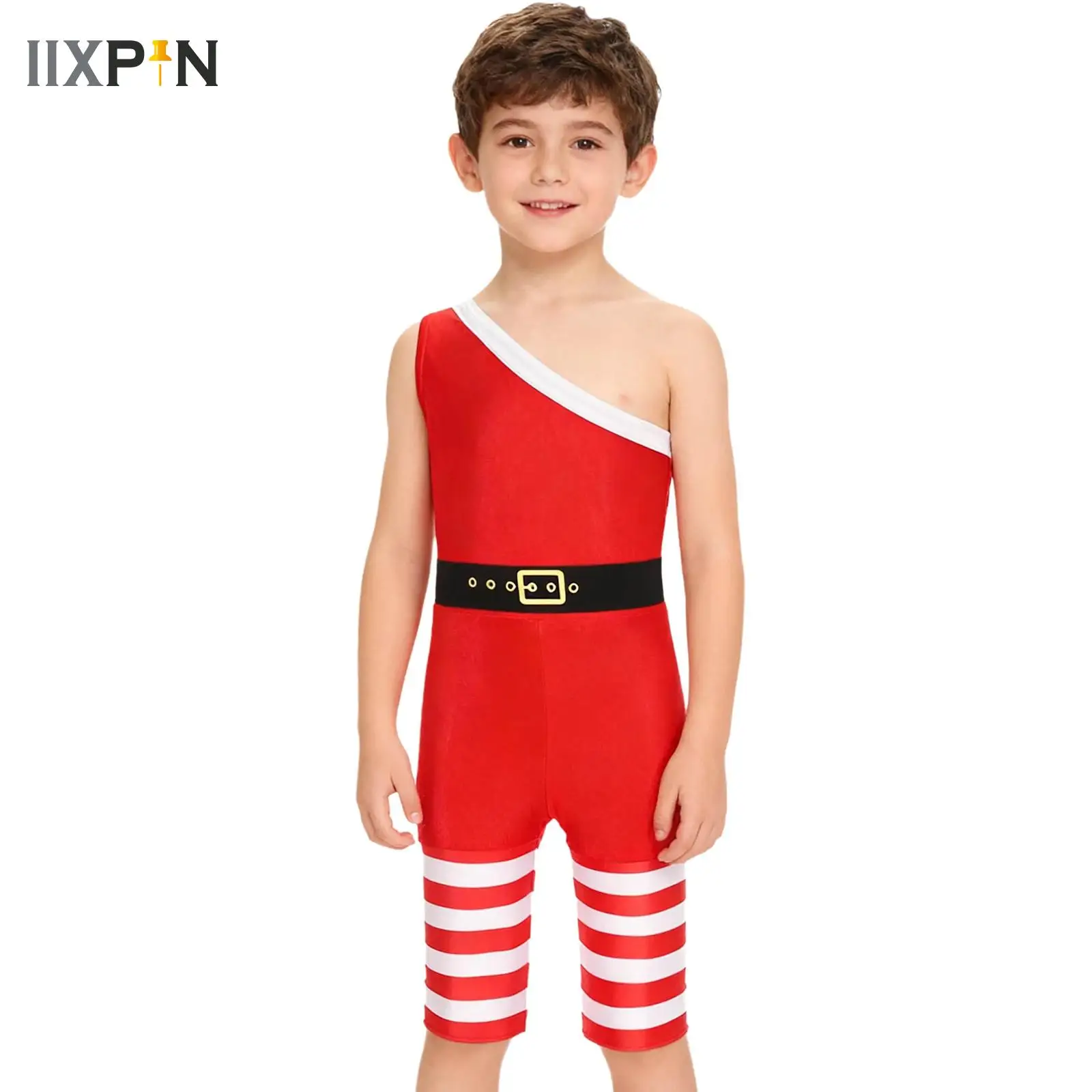 

Christmas Boys Cosplay Elf Santa Costume Xmas Weight Lifting Muscle Man Costume One Shoulder Sleeveless Short Bodysuit Dress Up
