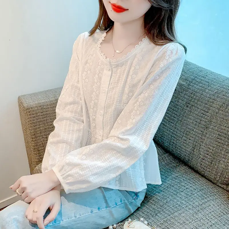 Spring Summer New Round Neck Fashion Solid Color Shirt Women High Street Elegant Button Patchwork Cardigan Lace All-match Tops