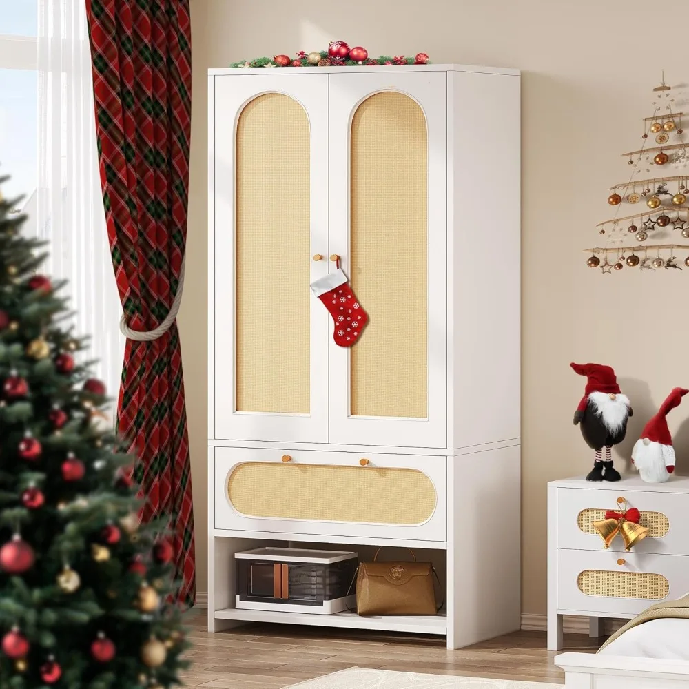 Rattan Armoire Wardrobe Closet - 70 Tall Rattan Armoire Closet with Doors, Large Armoire Storage Cabinet with Drawers