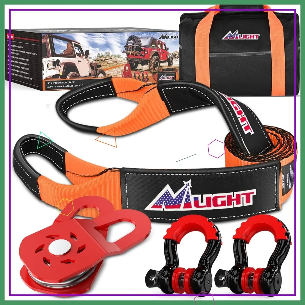 

Heavy Duty Tow Strap Kit with Snatch Block & D-Ring Shackles for Car Truck SUV ATV, 31500LBS Strength