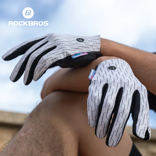 Imagen 2 del producto Guantes de bicicleta ROCKBROS, guantes largos transpirables con dedos completos para deportes de montaña y carretera, guantes de ciclismo con pantalla táctil SBR con absorción de impacto