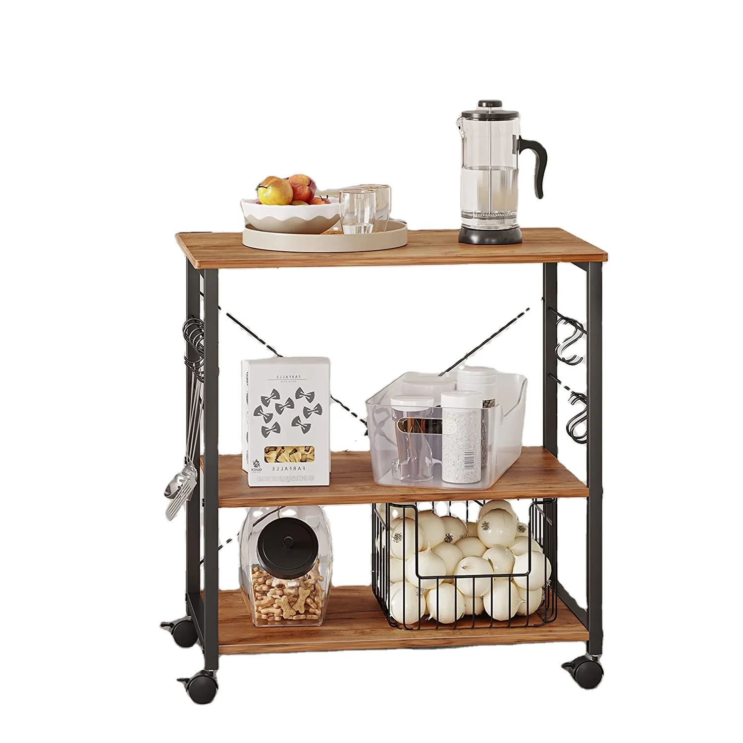 

Simple Multifunctional Free-Moving Kitchen Furniture With Hooks Wood Kitchen Cart