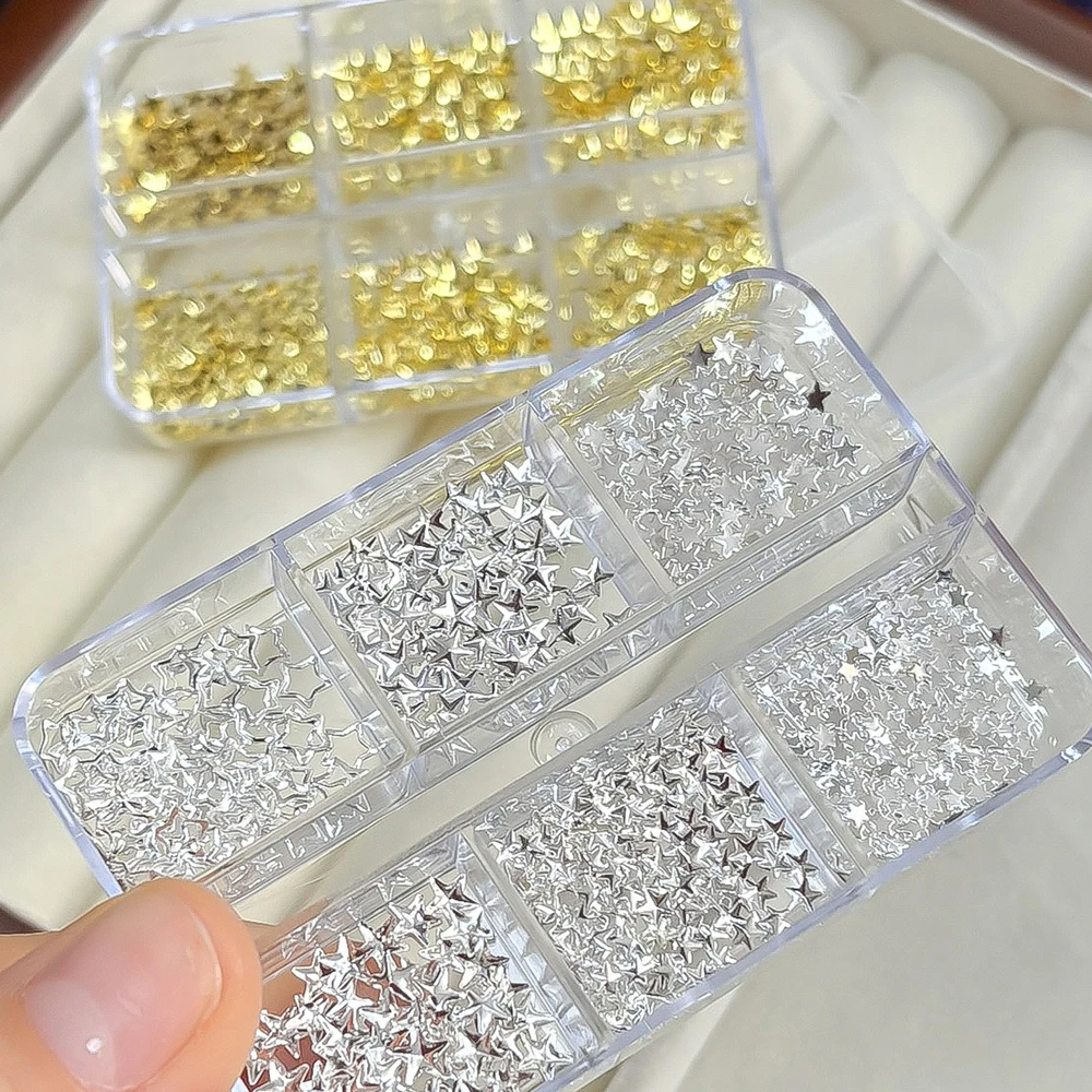 6Gird Boxed 3D Legierung Pentagramme Nagel Nieten Ohrstecker Gold Silber Metall Stern Schmuck Nagel Charms Metallic Juwelen Maniküre Zubehör