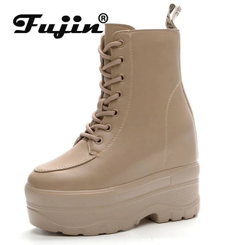 Fujin 10cm 12cm kobiety na co dzień ze skóry PU damskie kociki na koturnie buty wiosenne jesienne masywne trampki zimowe zamszowe buty