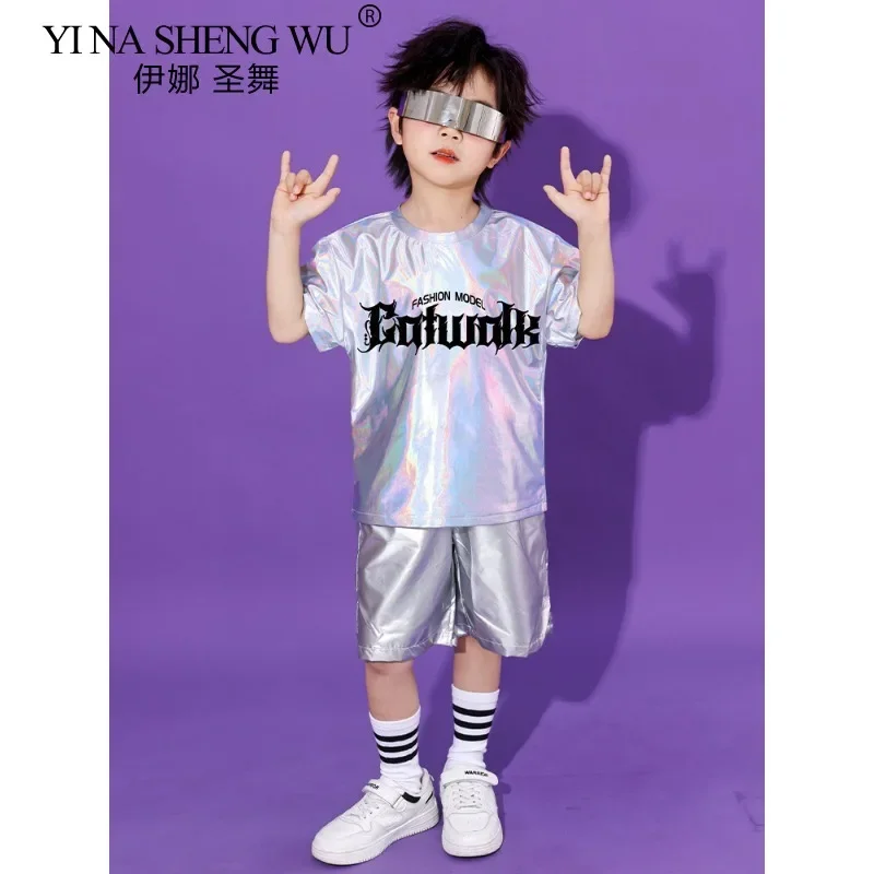 Conjunto de baile de Jazz de Hip Hop metálico para niños y niñas, camiseta plateada, pantalones cortos, falda, puesta en escena de porristas, Ropa de baile para niños
