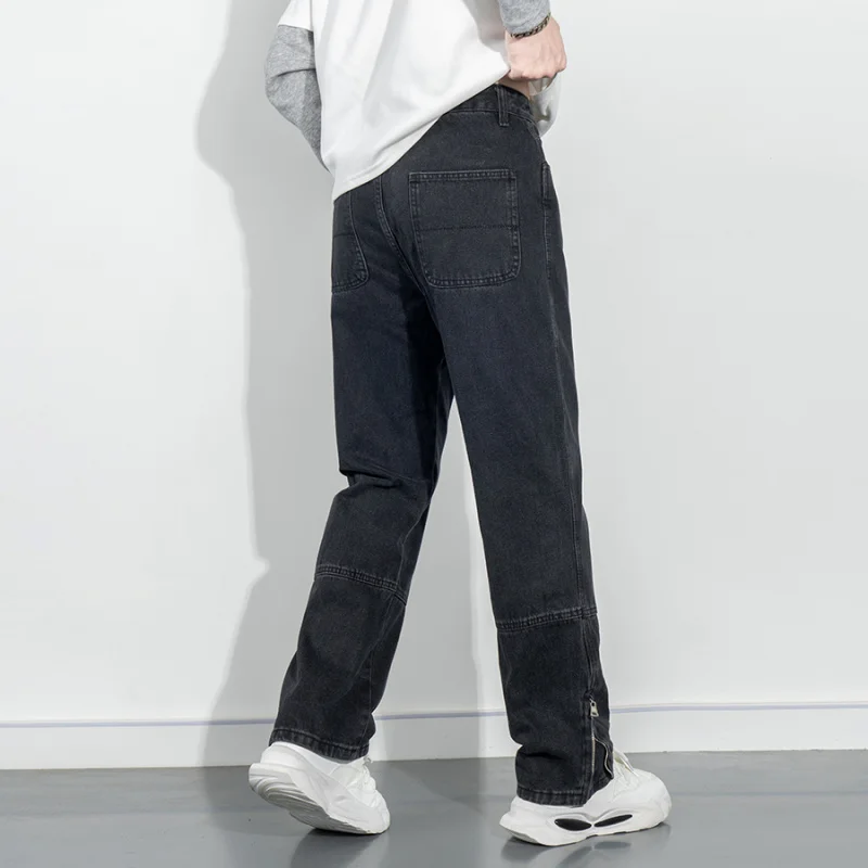 새로운 트렌디 브랜드 십대 남성용 청바지 패션 캐주얼 루즈핏 스트레이트 레그 워싱 스플라이스 데님 팬츠