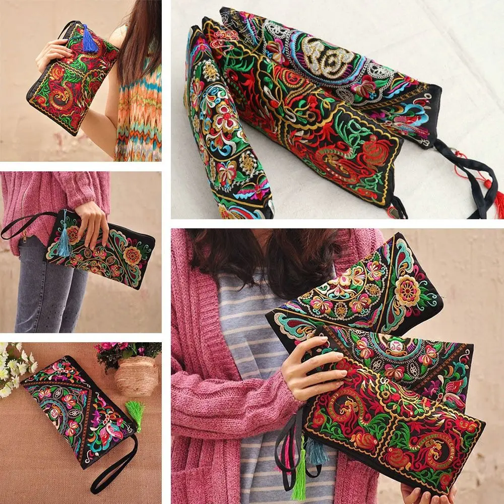 Women Summer Ethnic Retro Butterfly Flower Bags Handbag Coin Purse Embroidered Tassel Small Flap Lady Clutch