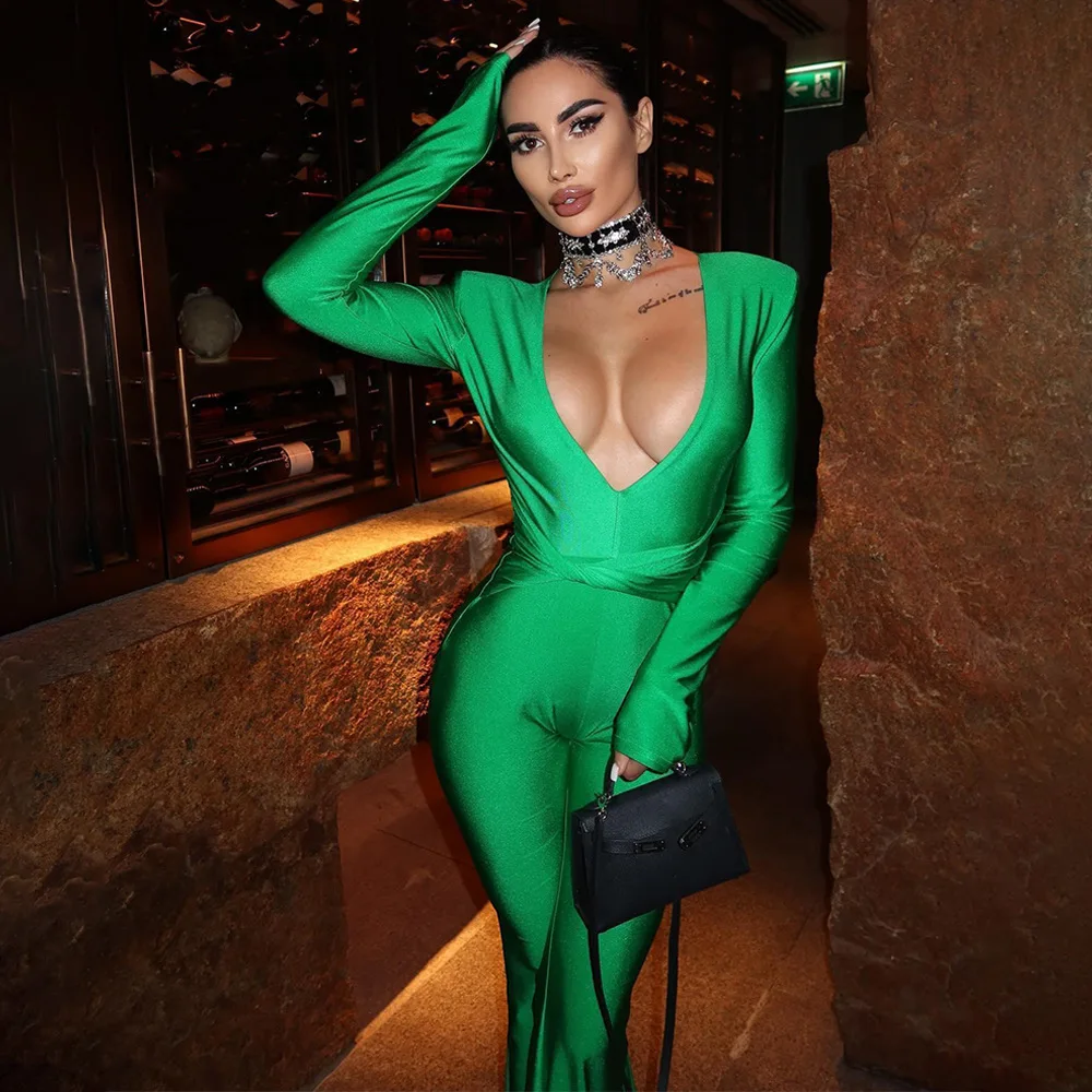 بدلة قفز ضيقة جديدة رائجة البيع على شكل حرف v مايكرو مضيئة عصرية ومثيرة بأكمام طويلة