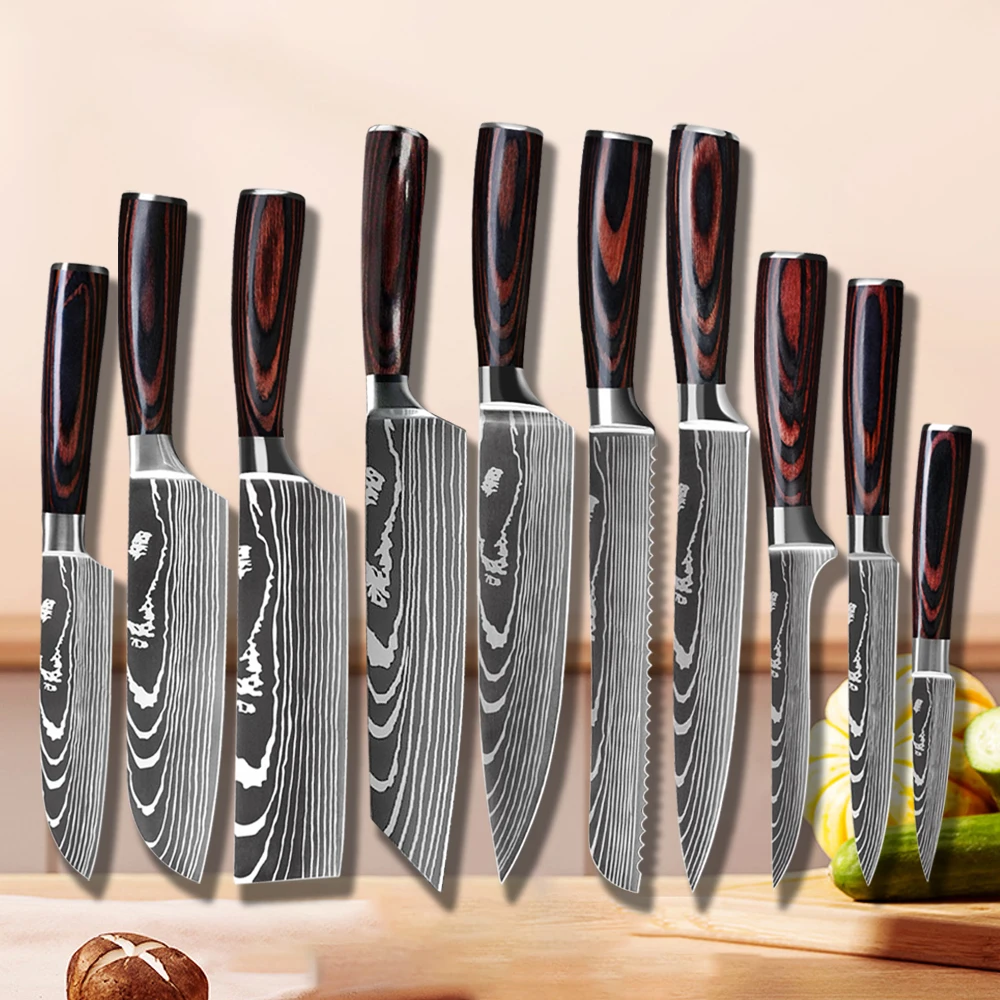 High Carbon Stainless Steel Kitchen Knife Set, Japanese Damascus Pattern, Professional Chef Knife, Cleaver Knives, 1-10Pcs