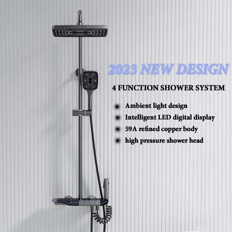 Modern Brass Gray Thermostatic Digital Display, Shower Set with Ambient Light 4 Functions Piano Keys Bathroom Shower Set