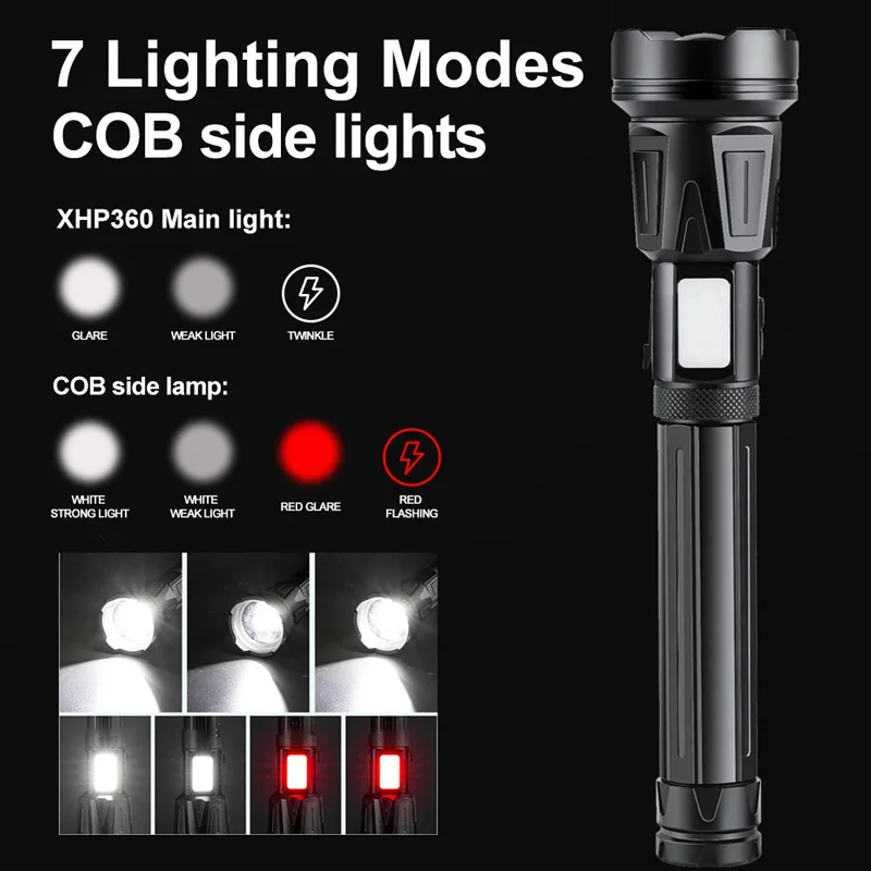 Newly Type-C XHP360-36core+COB Brightest LED Flashlight 10400mah Rechargeable Powerful Tactical Lantern Flash Light for Camping