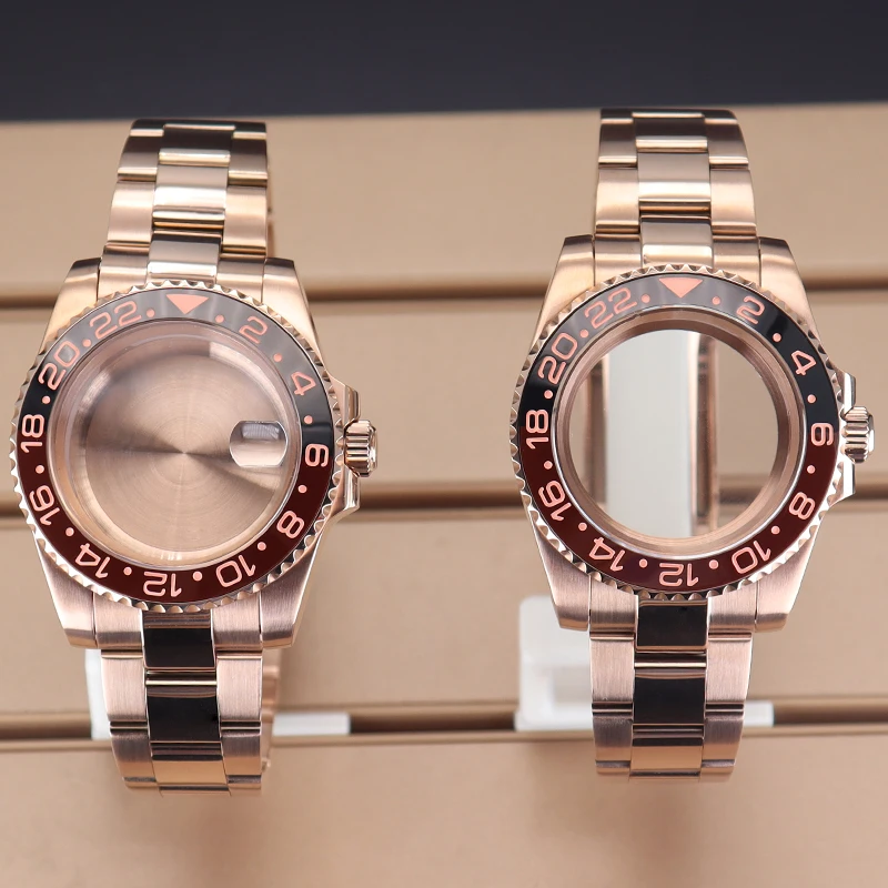 

40mm Rose Gold Diving Watch Case Strap For GMT NH35 NH36 NH34 NH72 Miyota8215 Eta2824 PT5000 Movement 28.5mmDial 200M Waterproof