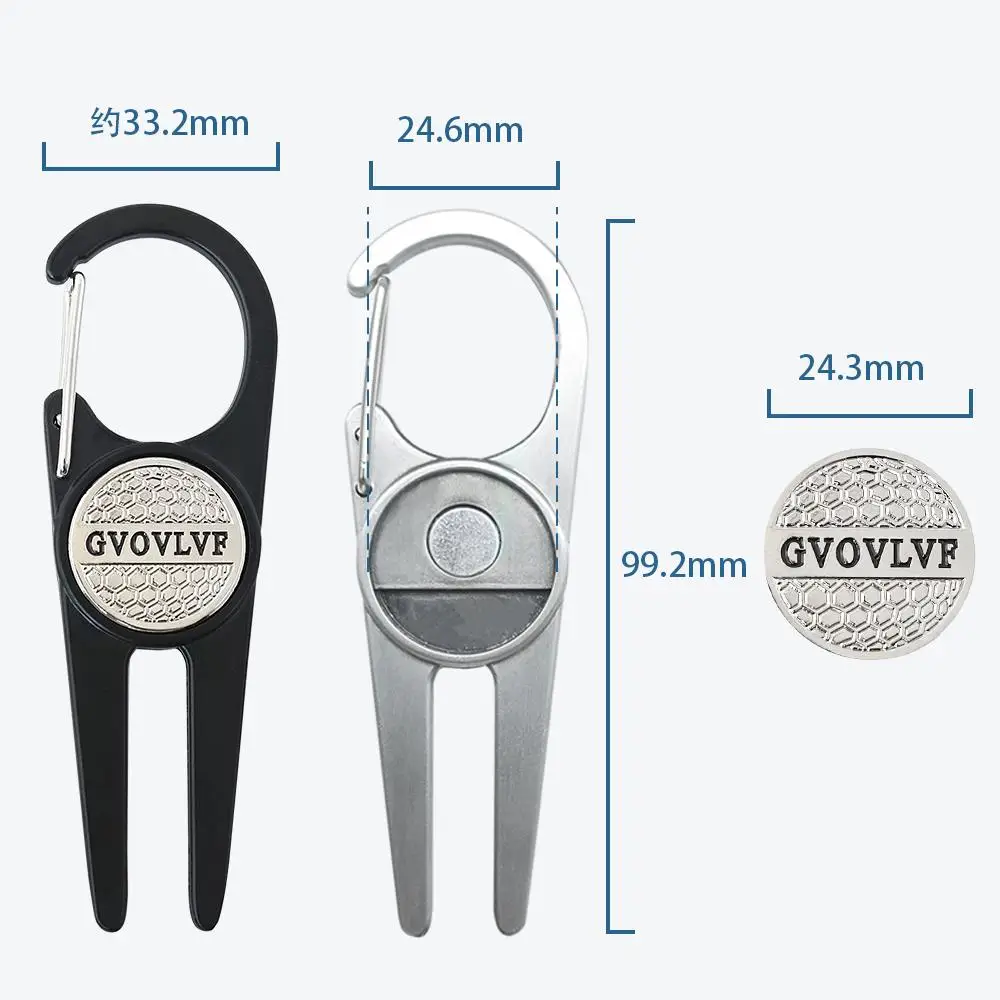 GVOVLVF Portable Golf Divot Repair Tool Pitch Groove Cleaner Golf Matte Effect Pitchfork Slivery And Black With Golf Mark Clasp