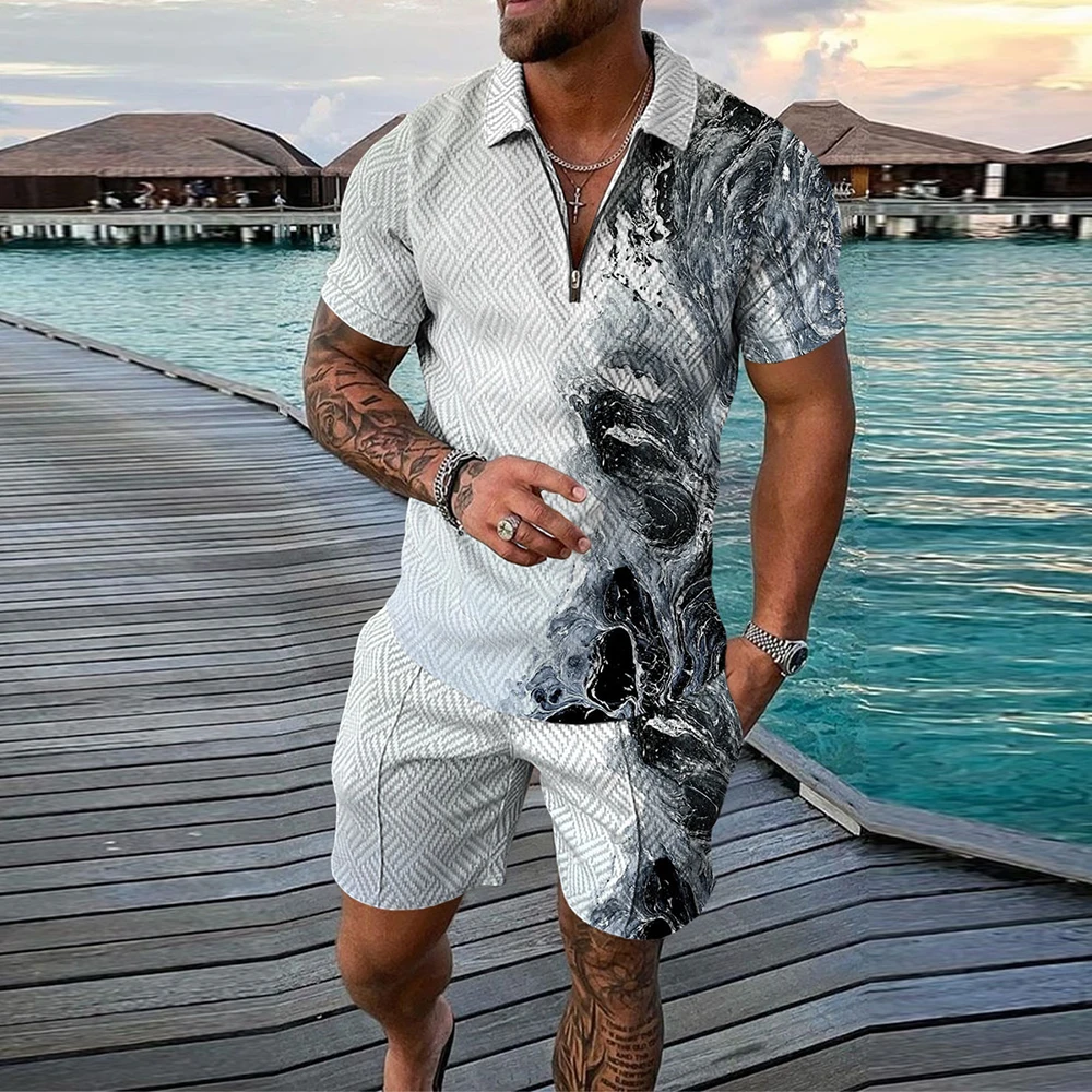 New Men\'s Printed Shirt Sets Pullover Tops+ Short Pants Summer Beach Casual Mens Shorts Two Piece Outfits Fashion Sets Clothing