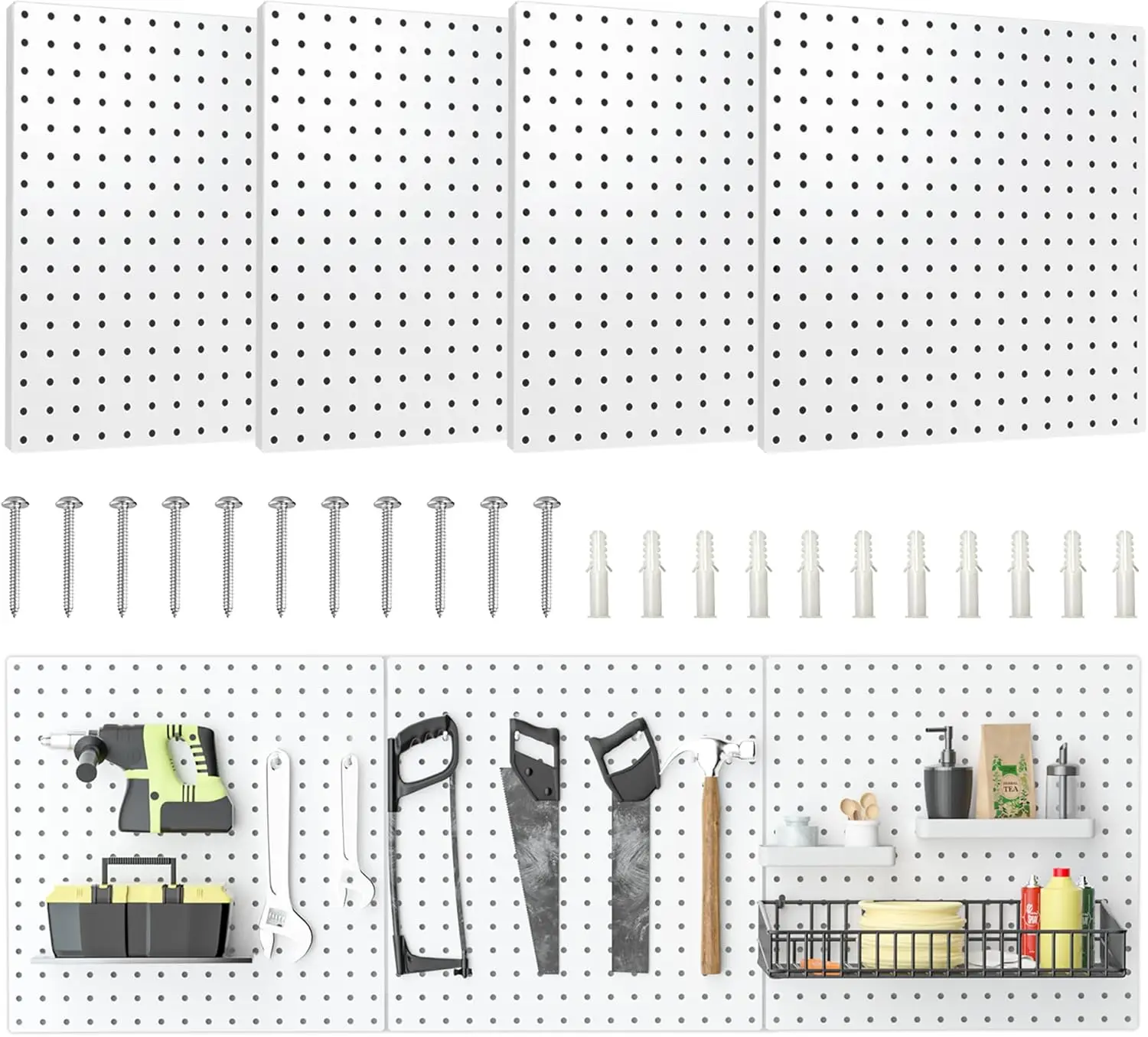 

16x16 больших сверхмощных металлических перфорированных панелей с рамкой, белые доски для хранения на стене в гараже, офисе, поделок