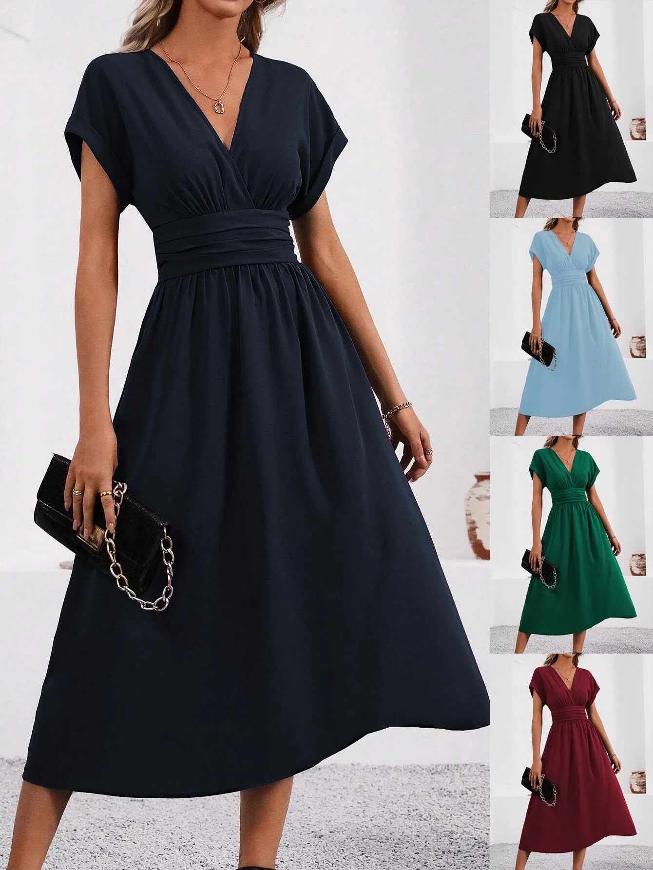 Elegantes 2025, einfarbiges, überlappendes Kleid mit V-Ausschnitt und Fledermausärmeln und geraffter Taille, langes, fließendes Maxikleid für Damen