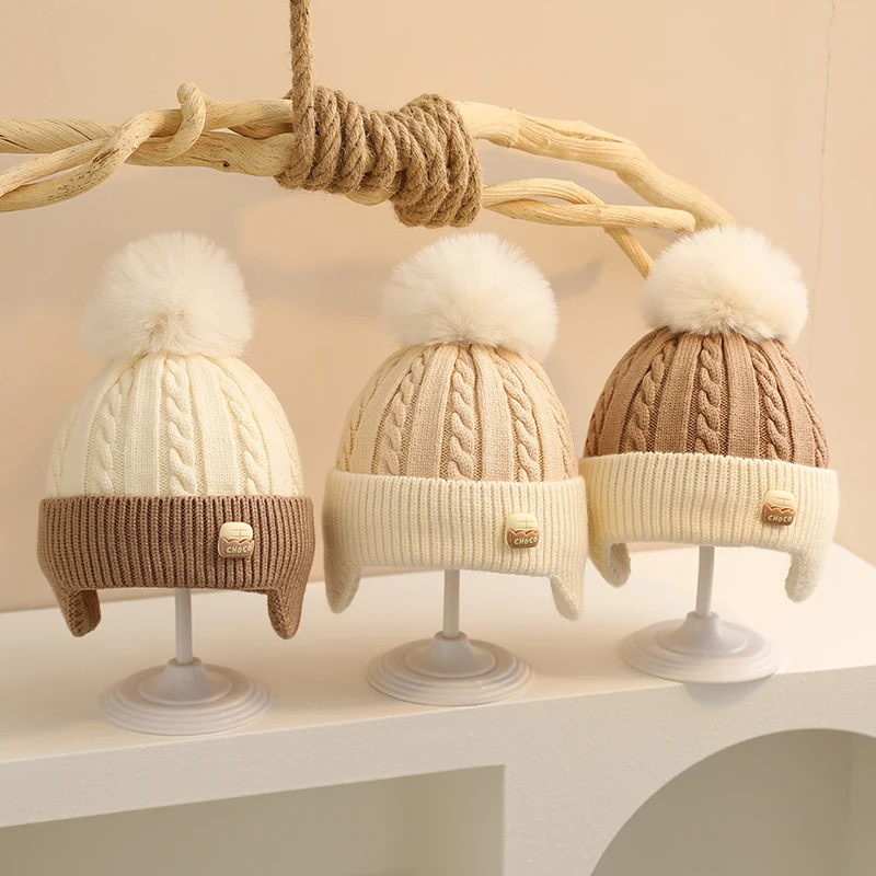 

2024 Baby Warm Knitted Hats Winter Boys Girls Newborn Soft Lining Cute Earflap Beanie Hat Infant Toddler Outdoor Pompom Cap